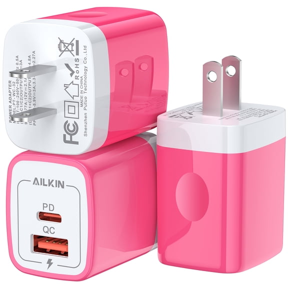 AILKIN USB C Charger,3 Pack 20W Dual Port PD USB A Fast Wall Charger Block Fast Charging Plug USB C Charger Adapter,Pink