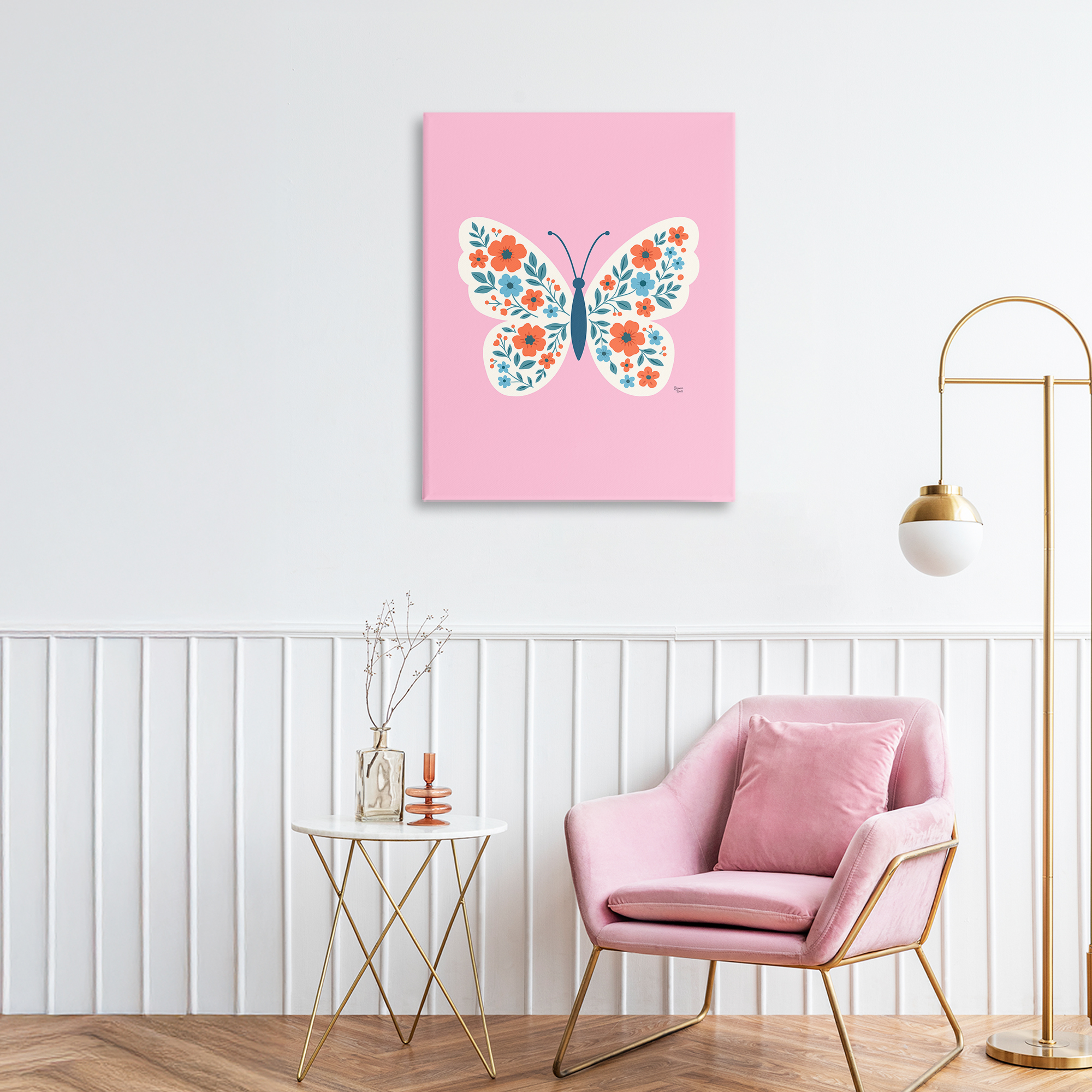 Boho Pink Floral Butterfly Canvas Wall Art, design by Jessica Beck