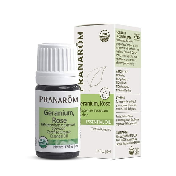 Pranarom USDA Certified Organic Rose Geranium Essential Oil (5ml), 100% Pure Undiluted Therapeutic Grade from Madagascar for Aromatherapy, Diffuser, Skincare, Relaxation, Pure Rose Scent