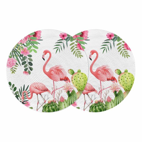 Summer Pink Flamingos Round 13 Inch Placemats Set of 2, Tropical Floral Leaves Cactus HeatResistant Non Slip Place Mats for Dining Table, Wipeable Braided Kitchen Table Mats for Housewarming