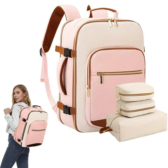 Blekii Sac à Dos de Voyage Approuvé pour Vol 40 L – Bagage de Cabine avec 3 Cubes d'Emballage, Convient à un Portable 17 Pouces (Unisexe) Sac à Dos Multipièces 8096 Rose et Blanc Cassé
