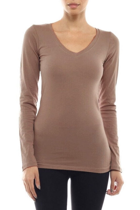 Plain Long Sleeve V-Neck T-shirts Cotton/Spandex Fitted Tee Junior Size (S-3X)