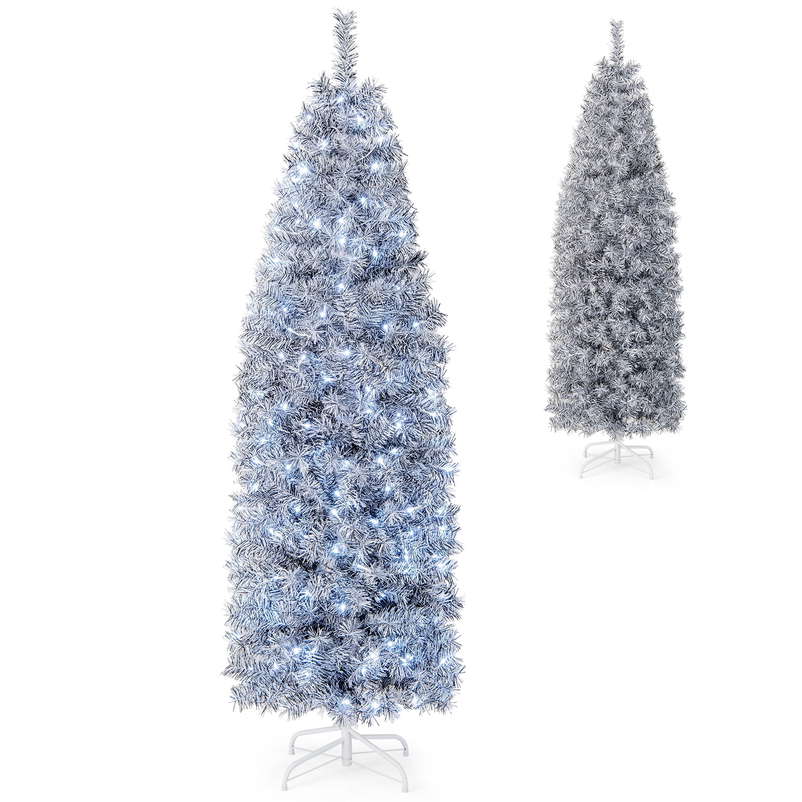 Patiojoy 6FT Pre-lit Artificial Christmas Tree Hinged Pencil Xmas Tree w/475 Branch Tips 250 Cold-white LED Lights