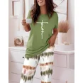 thumbnail image 3 of ChicMe Pajamas for Womens Letter Print Round Neck Short Sleeve Tops and Tie Dye Elastic Waist Pants Loose Fit Casual Sleepwear Set Green-l, 3 of 9