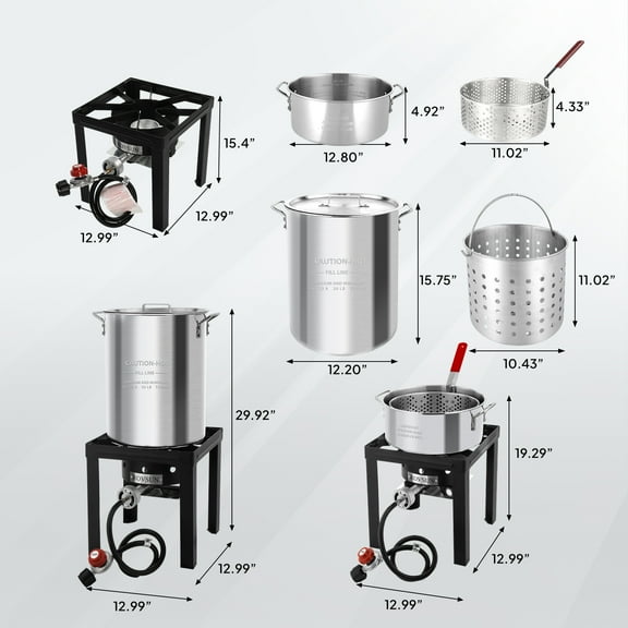 30QT Turkey Fryer and 10QT Fish fryer kit, aluminum outdoor fryer and seafood pot steamer with basket, thermometer, marinade syringe, Turkey rack and rack lifter