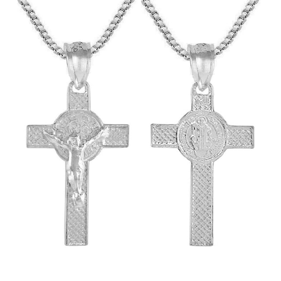 925 Sterling Silver Necklace w/ Jesus Christ & St. Benedict Double Sided Cross Pendant Charm