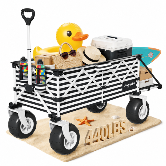 GVDV Heavy Duty Folding Beach Wagon, with 9 in Balloon Wheels, Tailgate, 330 lb Capacity, for Sand, Camping & Sports, Black