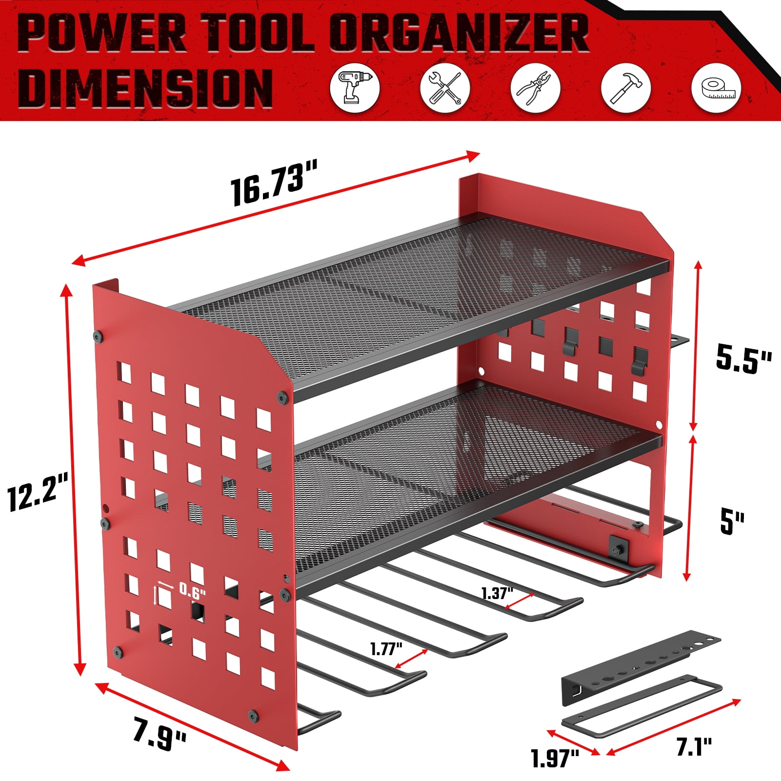 SUNALLY Power Tool Organizer, 3 Layers Drill Holder Wall Mount with 2 Side Pegboards, Heavy Duty Tool Storage Rack for Garage, 150Lbs Load Capacity, Red