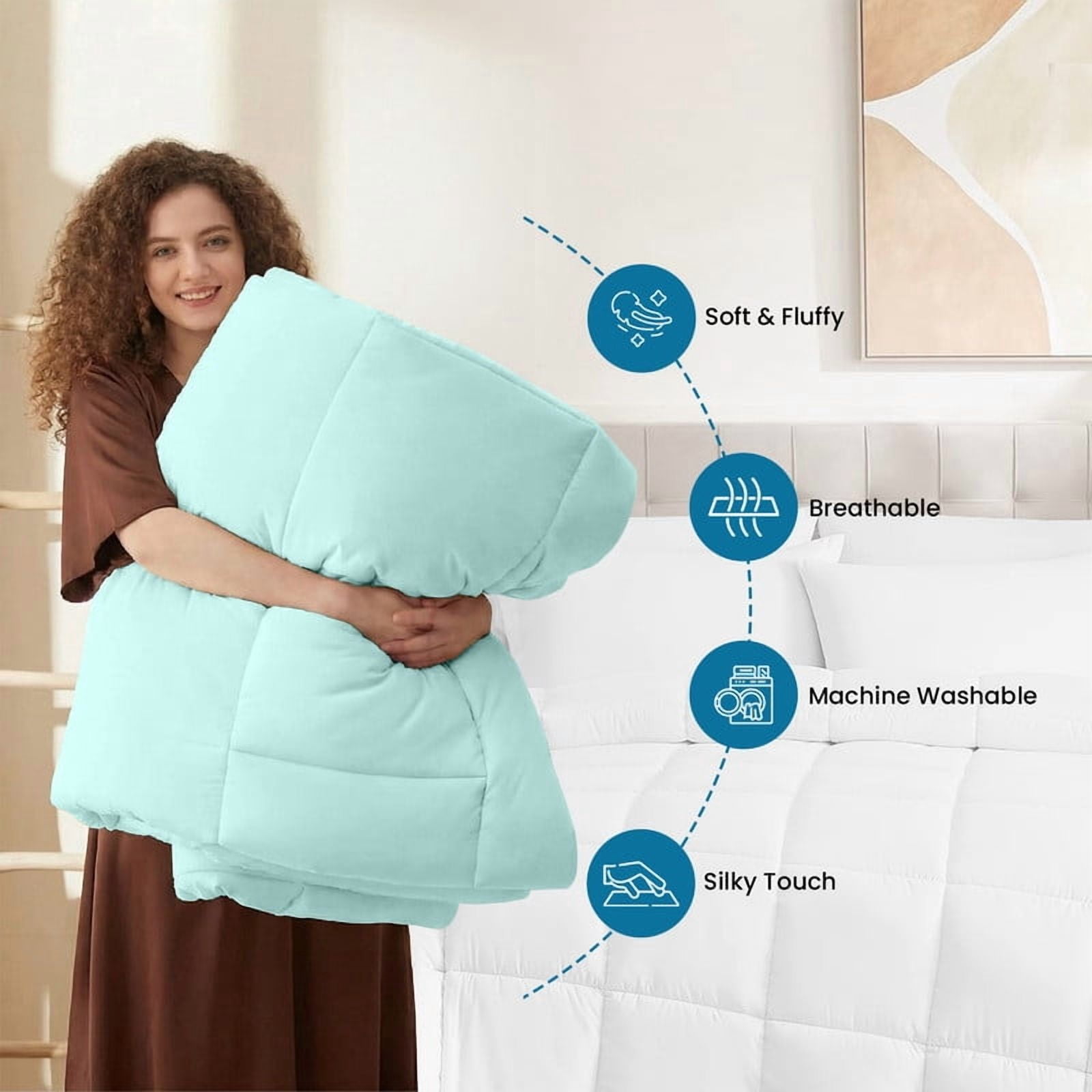100% Cotton All-Season Comforter - Box Stitched Comforter - Bedding with Corner Tabs Machine Washable Lightweight Color Aqua-Blue Solid Pattern Size Queen (90"x 90")
