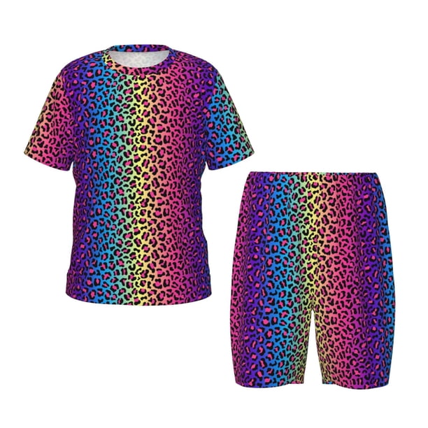 Balery Leopard Neon Rainbow Gradient Conjunto de Pijama Infantil de Manga Corta con Estampado – Ropa de Dormir de Algodón Suave-Large