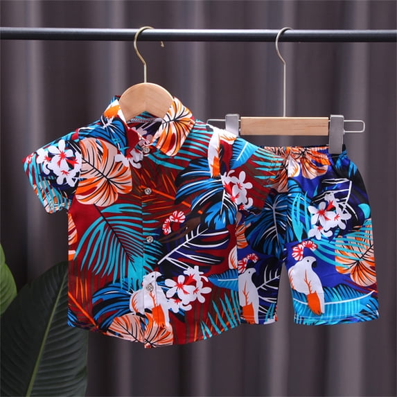 Toddler Baby Boys Summer Shorts Set Floral Outfits Button Down Shirt Top Shorts Hawaiian Clothes 2 PCS,Red,2-3 Years