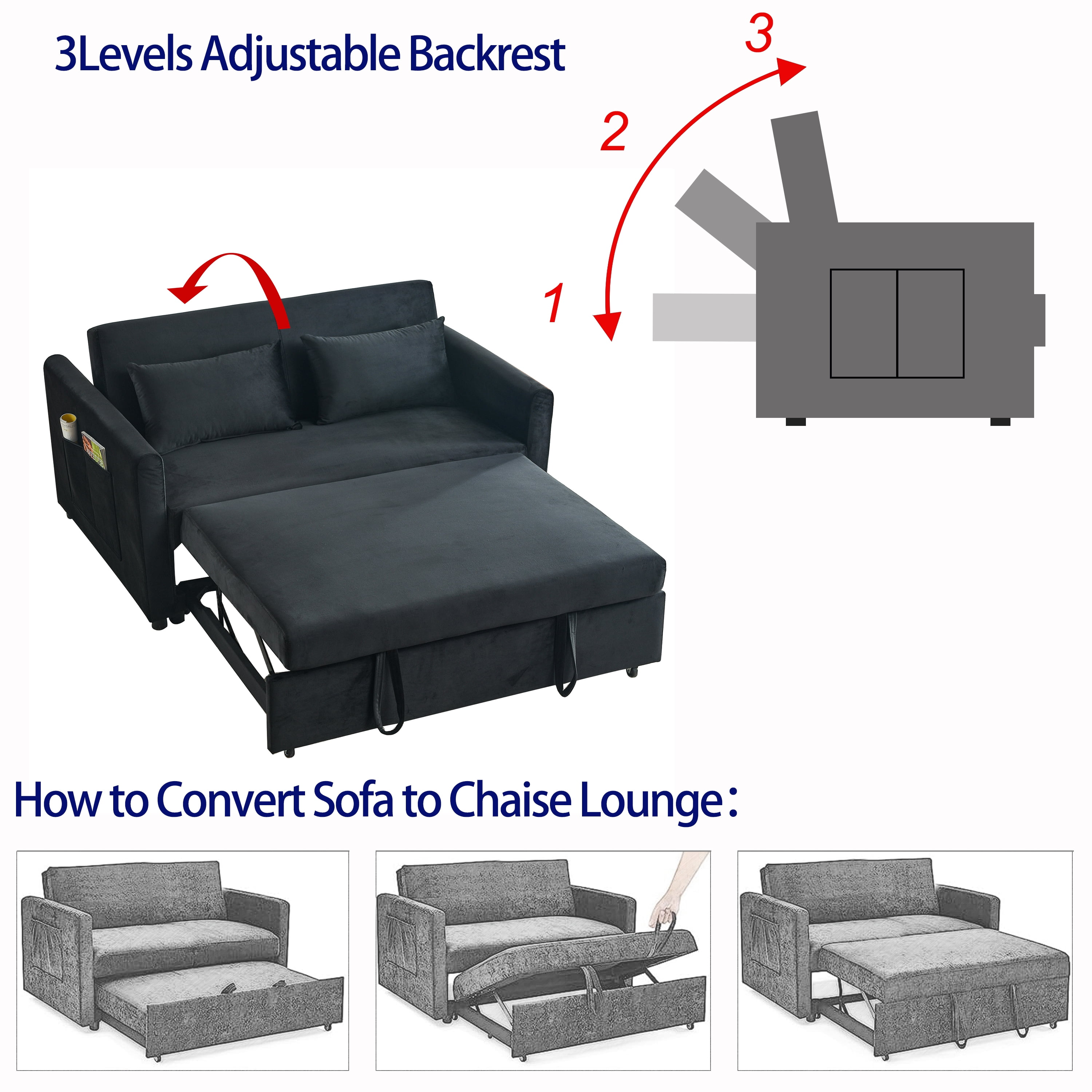 Momspeace Pull Out Sofa Bed Sleeper Sofa Couch Sofa Bed with Adjustable Backrest Velvet Loveseat For Living Room - Black