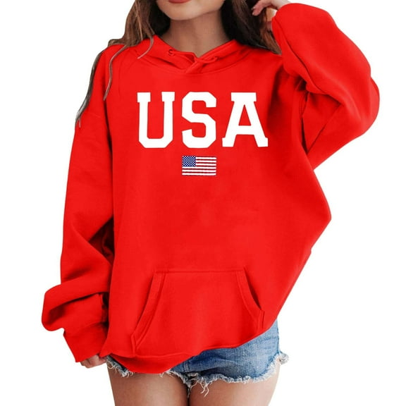 MUXiin Girls Sweatshirt Letter Print Graphic Hoodie Sweatshirt Long Sleeve USA Sweatshirt Pullover American Flag Shirt Tops