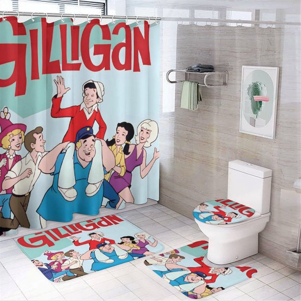 Las nuevas aventuras de Gilligan-theme 4-Piece Shower Curtain Set with Rugs, Waterproof Bathroom Decor Set Includes Bath Mat, U-Shaped Rug, Toilet Lid Cover and Curtain with Hooks