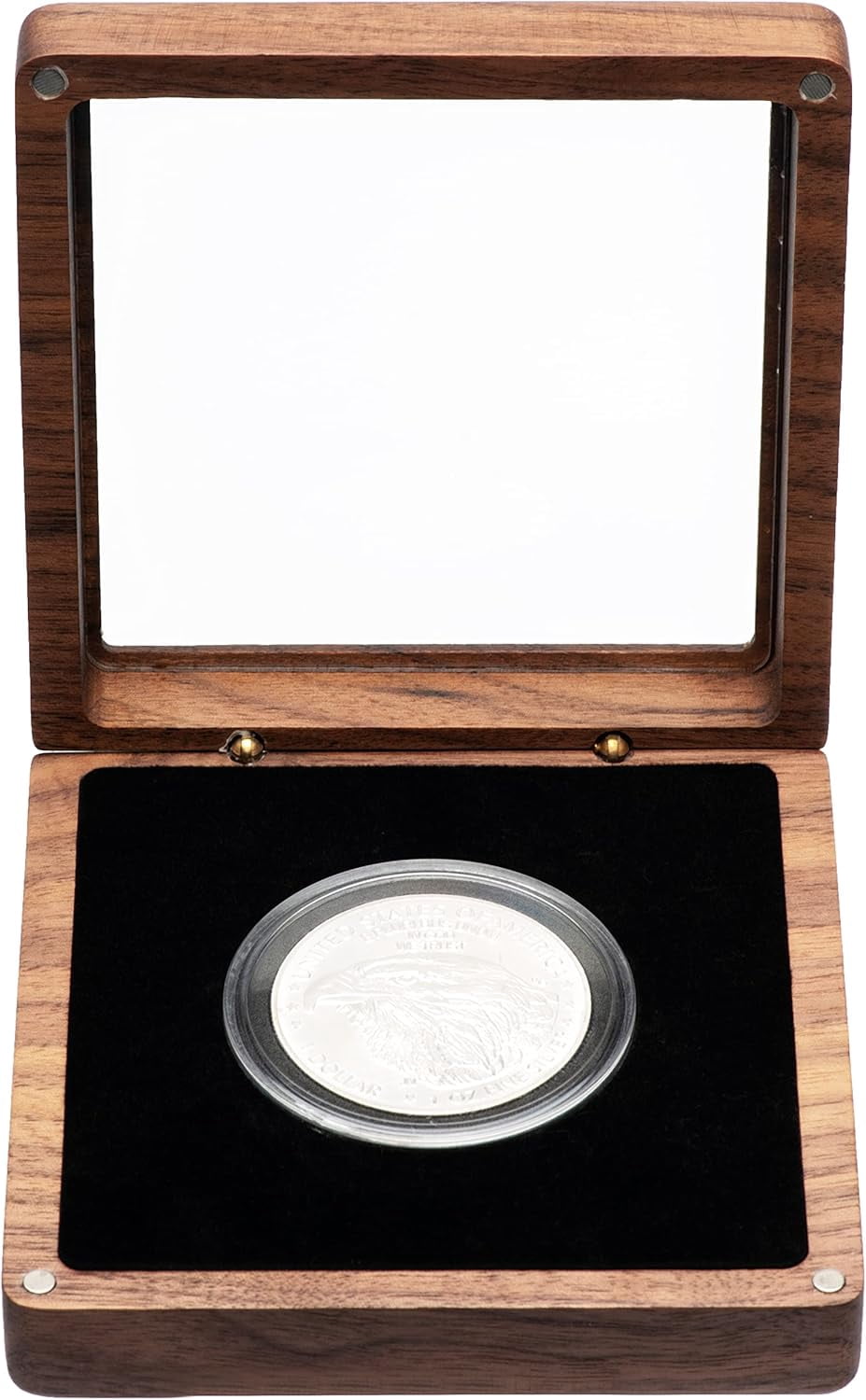 Single Walnut Wood Challenge Coin Presentation Display Box Storage Case with Clear Top and Plastic Coin Capsules with Adjustable Gasket