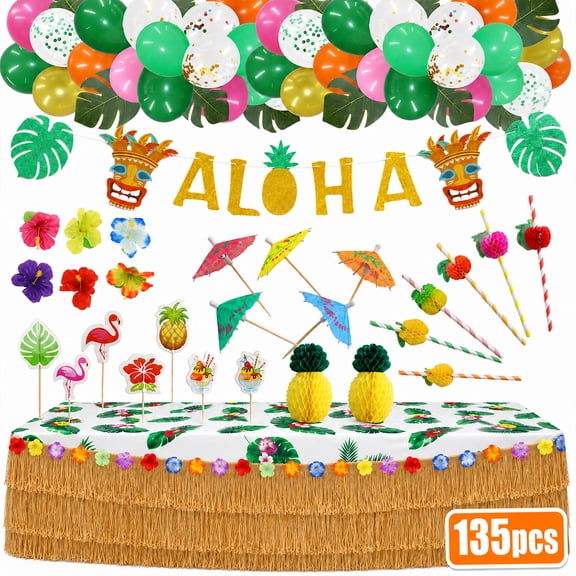 Luau Party SuppliesTropical Hawaiian Birthday Party Decoration Pineapple Decors Grass Table Skirt Beach Theme Party favors 129PCS