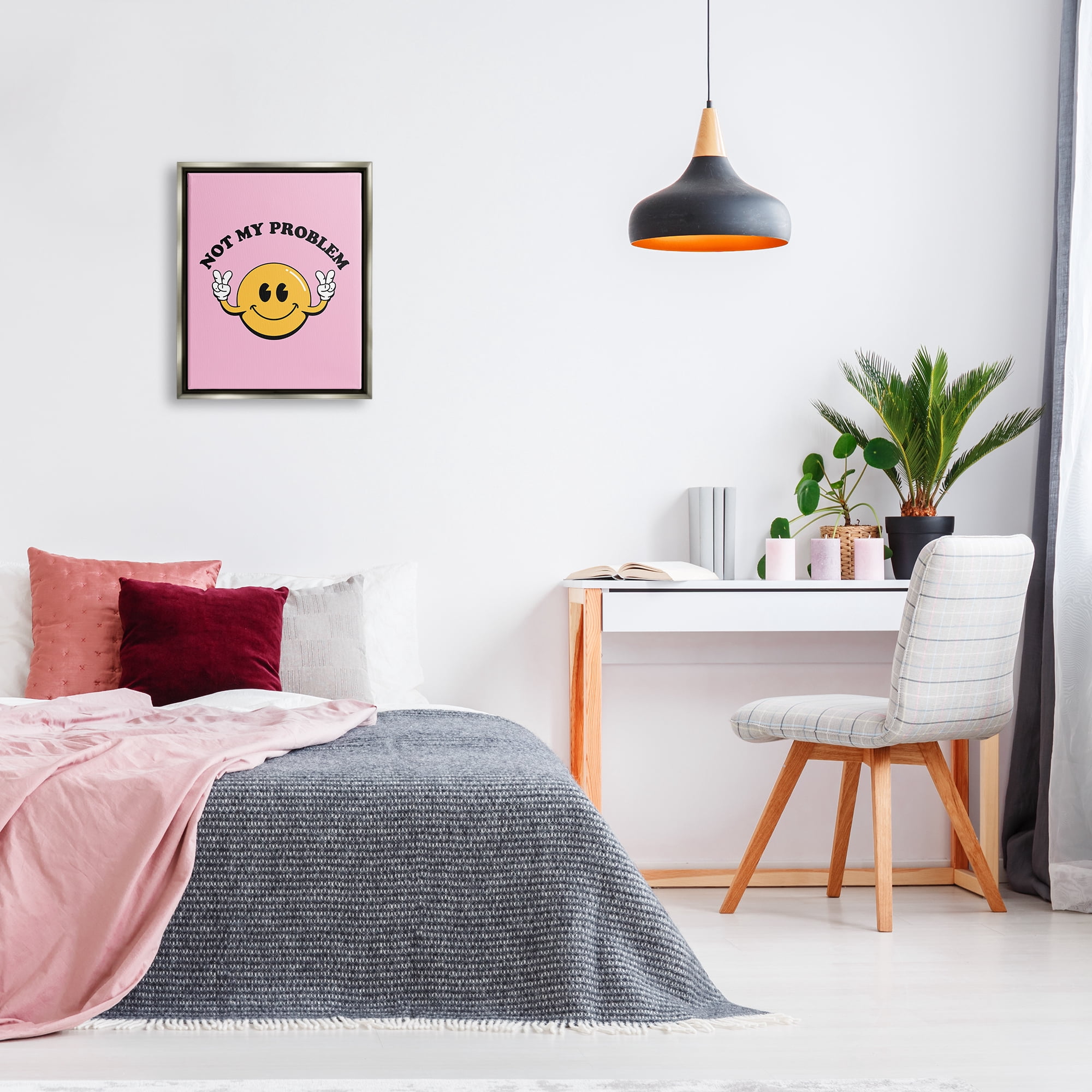 Stupell Industries Not My Problem Retro Smiley Typography Painting Gray Floater Framed Canvas Art Print Wall Art, 17 x 21