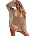 thumbnail image 2 of UPPADA Women Crochet Beach Cover Ups Dress Short Sleeve Split Hem Bathing Suit Cover Up Summer V Neck Casual Mini Coverup Khaki,Free Size, 2 of 7