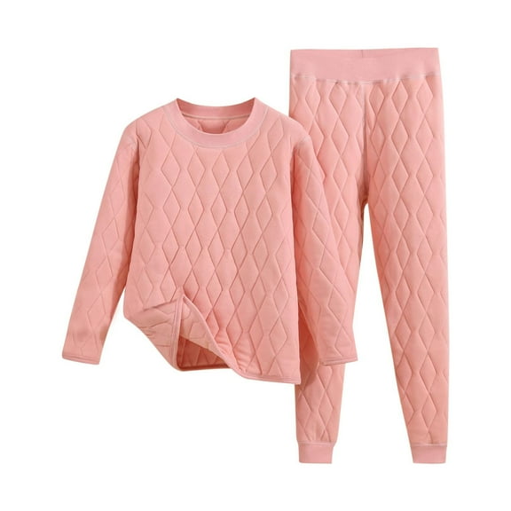 Rohuuque Women's Quilted Thermal Pajama Set Crewneck Long Sleeve Top with Warm Pants Fall Winter Sleepwear Outfit Red