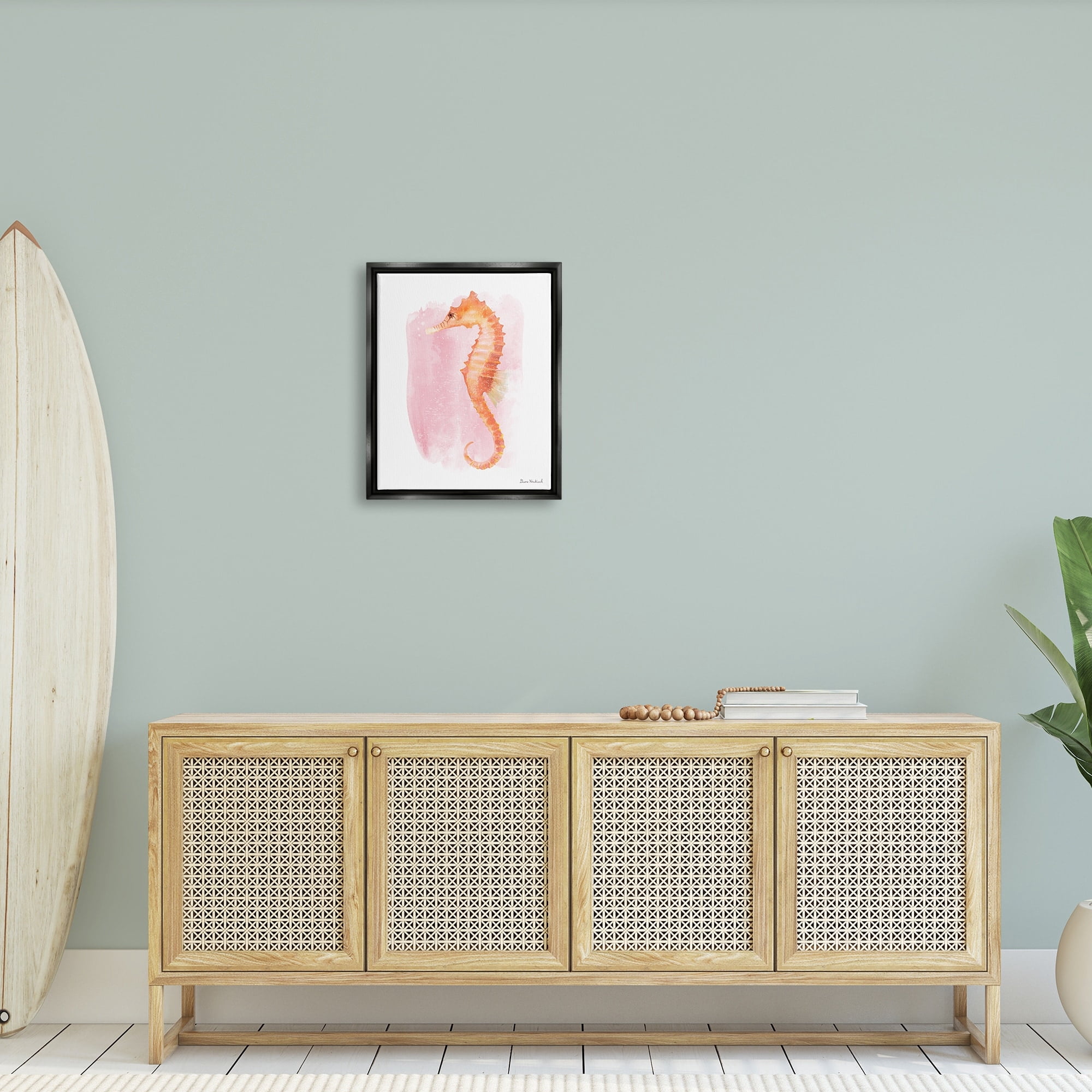 Stupell Industries Gentle Orange Seahorse Speckled Pink Watercolor Detail Painting Metallic Gold Floating Framed Canvas Print Wall Art, Design by Diane Neukirch