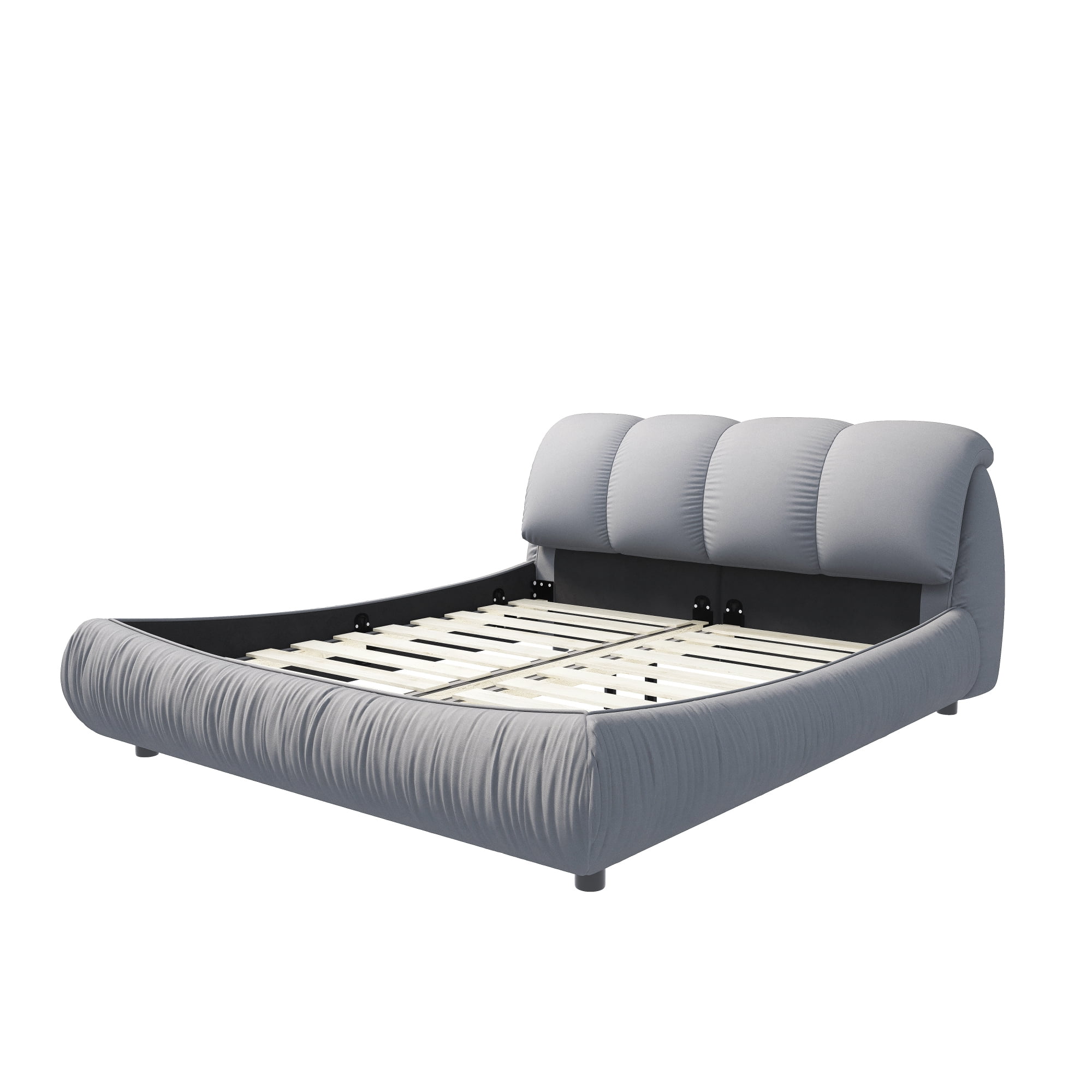 King Size Upholstered Platform Bed with Oversized Padded Backrest, Luxury Low Profile Bed with Solid Wood Frame and Slats Support for Bedroom