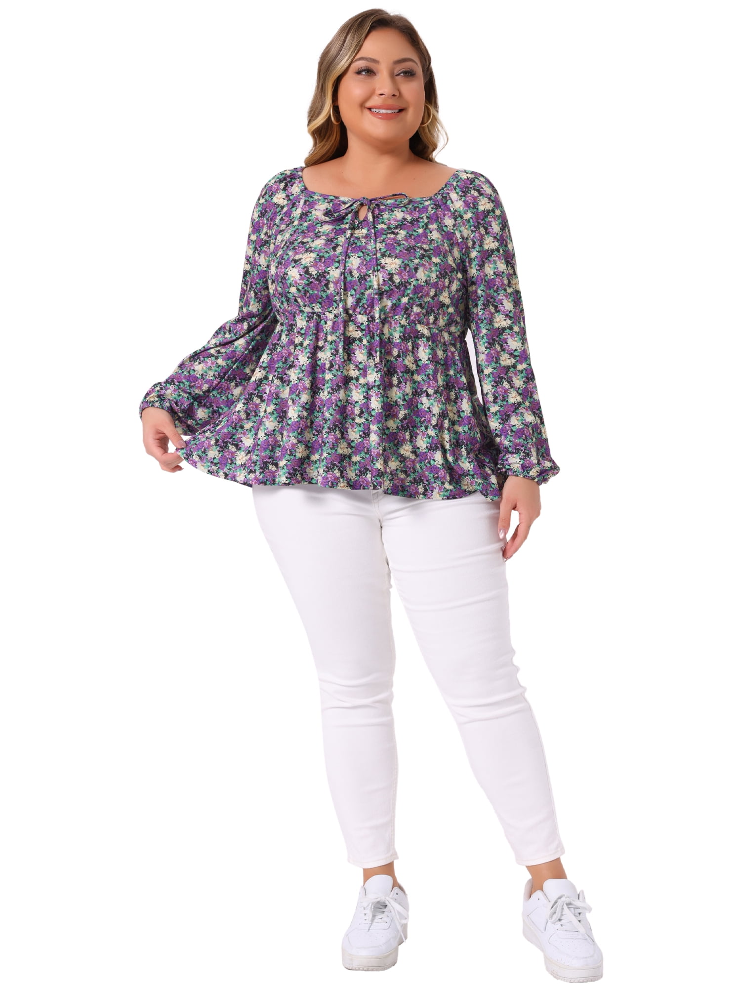 DARING DIVA Women's Plus Sweetheart Neck Long Sleeve Floral Blouse 1X Purple