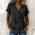 thumbnail image 2 of Linen-Blend Surplice Wrap Top for Women, Short Sleeve V-Neck Tie-Front Blouse with Rolled Cuffs - Lightweight Summer Casual Tunic Shirt Black L, 2 of 5