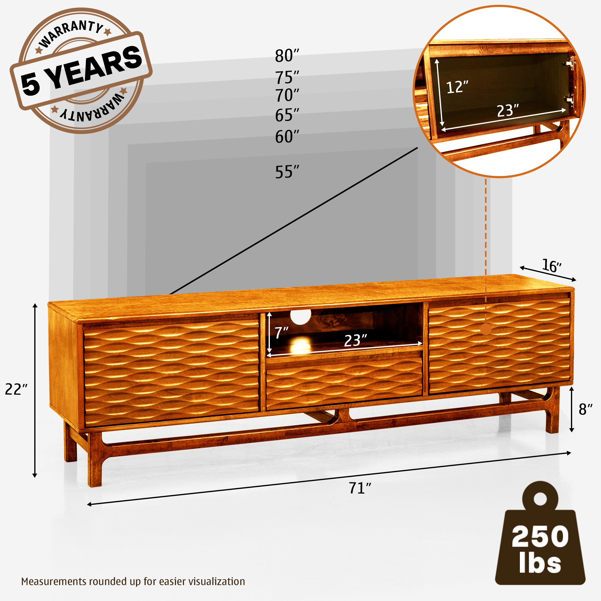 Acacia Elara TV Stand for TVs up to 75" Media Console Entertainment Center, Caramel