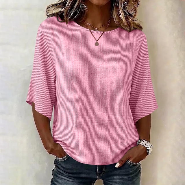 Neewe Women's Summer Casual Crewneck Half Sleeve T-Shirts Plain Loose Fit Cotton Linen Basic Tops Tees Blouses