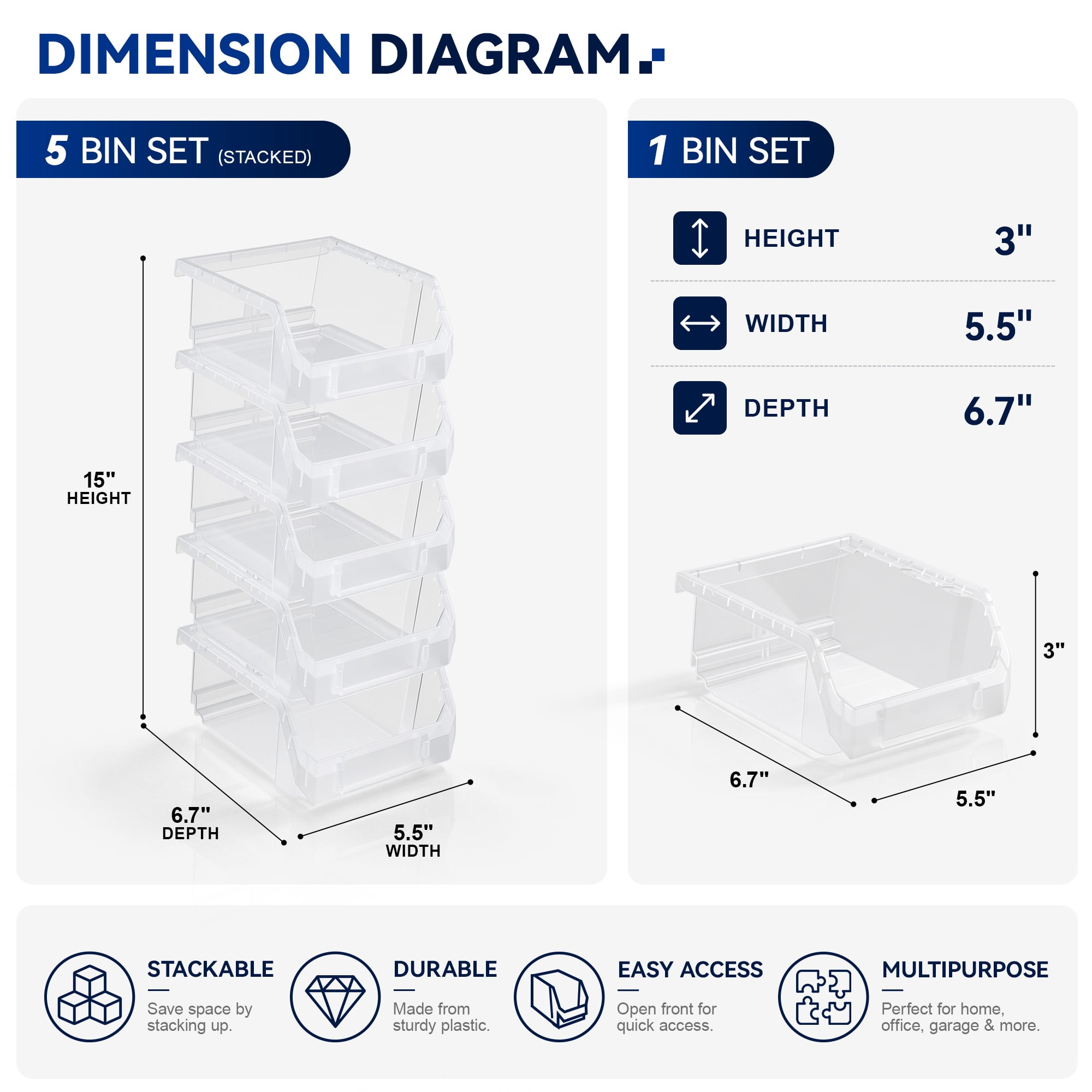 Sorbus Small Garage Storage Bins, Open Front Plastic Organizer, Clear, 5 Pack