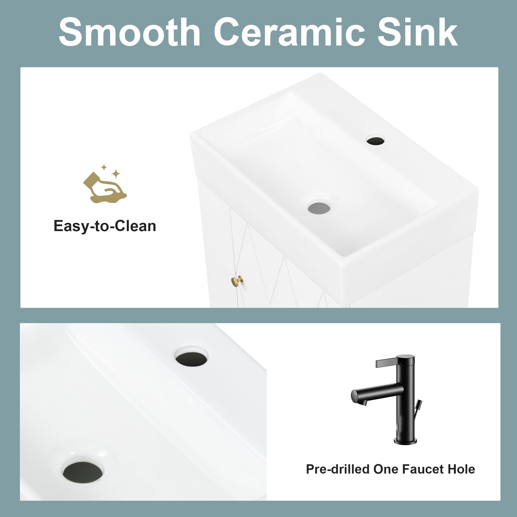 20 Inch Bathroom Vanity with Ceramic Sink, White, MDF, Wall-Mounted