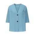 thumbnail image 4 of Yigetop Womens Tops Casual! Button Down Shirt for Women Summer Cotton Linen 3/4 Sleeve Blouse Casual V Neck Collarless Beach Top with Pockets 3/4 Length Sleeve Womens Tops Blue 2XL, 4 of 6