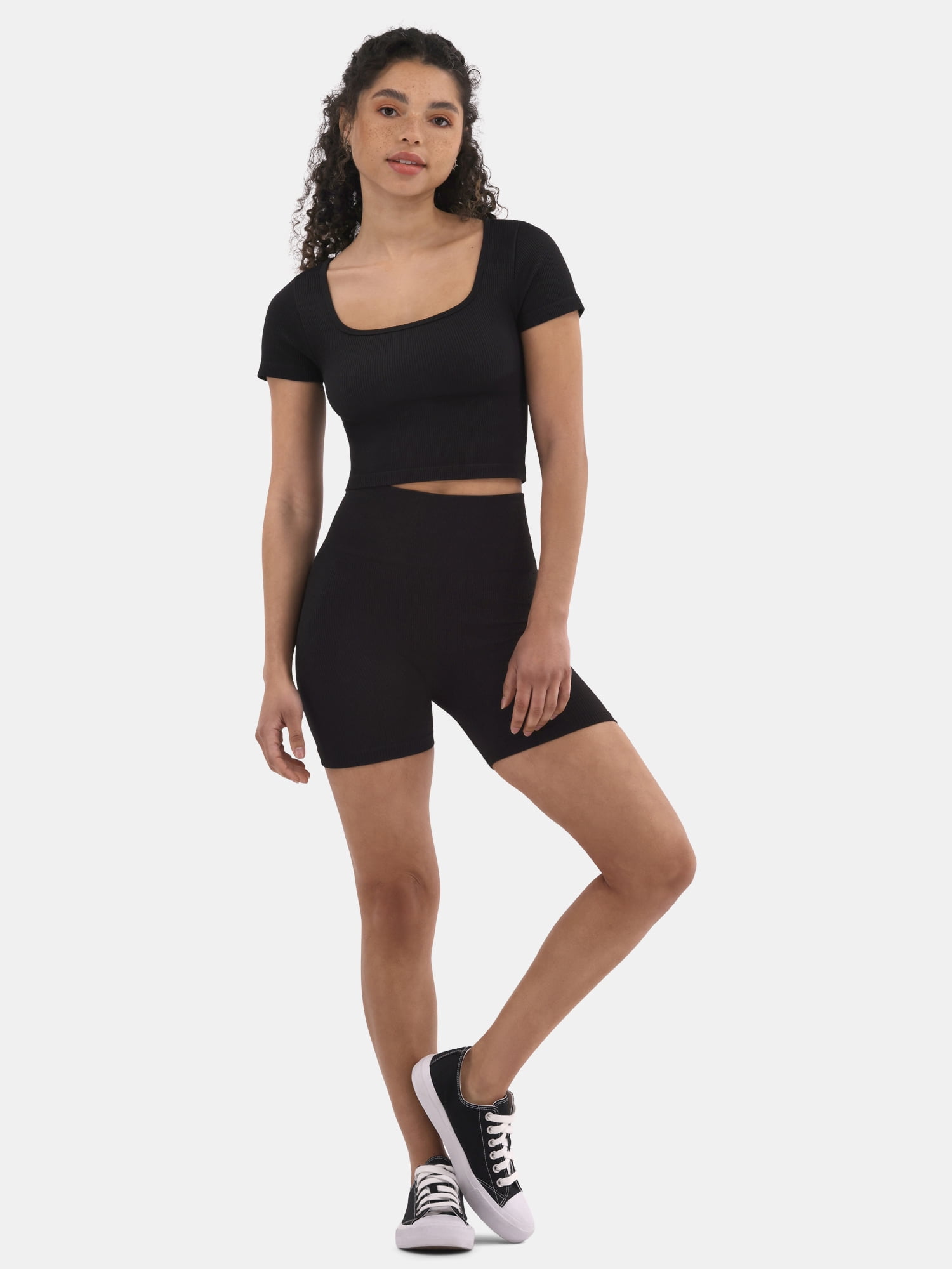 No Boundaries Seamless Ribbed Top and Bike Shorts Set, 2-Piece, Women's