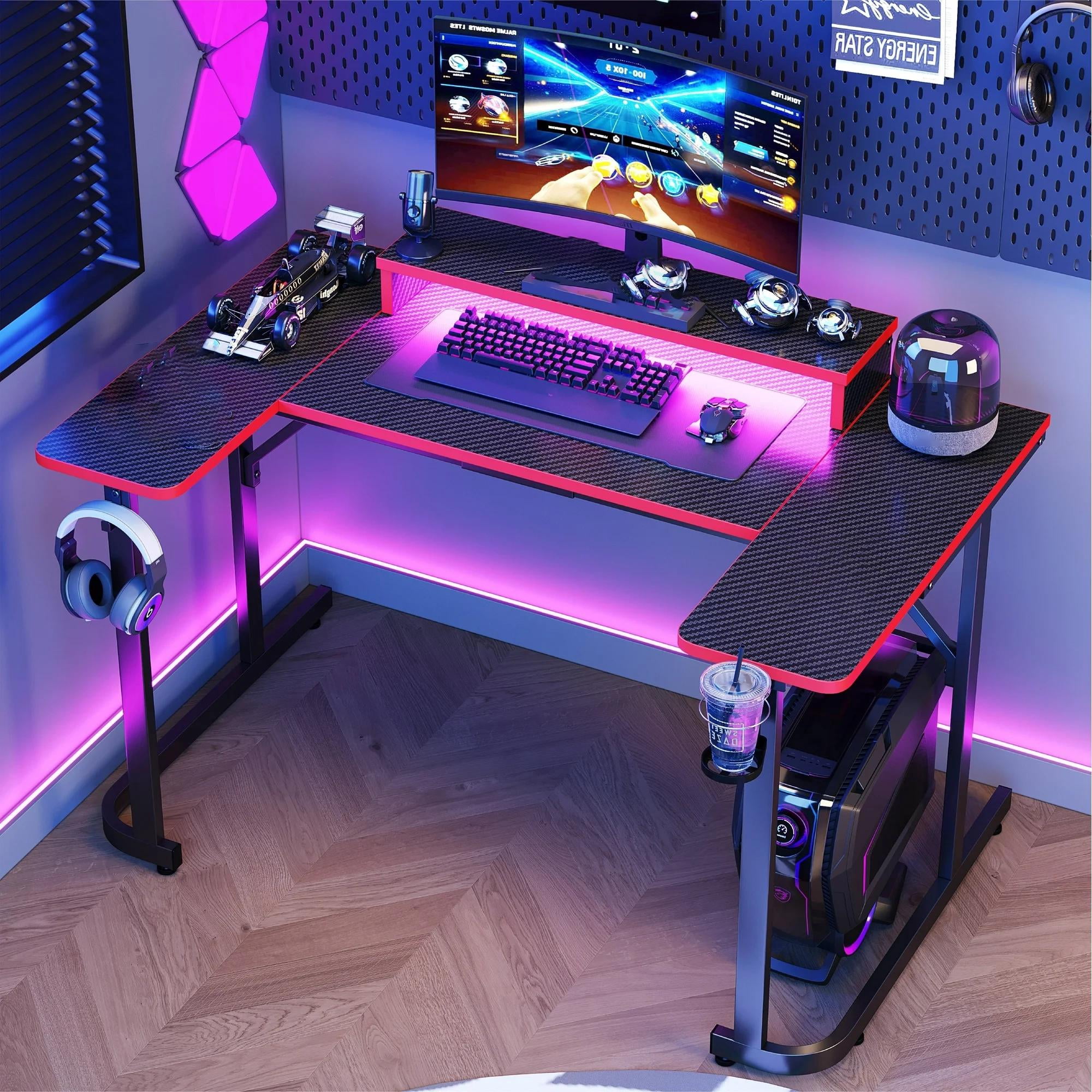 Bestier 51 inch Gaming Desk with LED Lights, U-Shaped Computer Desk with Monitor Stand, Hooks and Cup Holder, Home Office Desk, Carbon Fiber Black