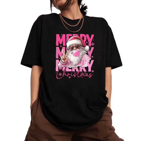 Women's Black Tshirt Graphic Tees Shirts Pink Merry Santa Peace Sign Christmas Design Casual Tops S-5XL