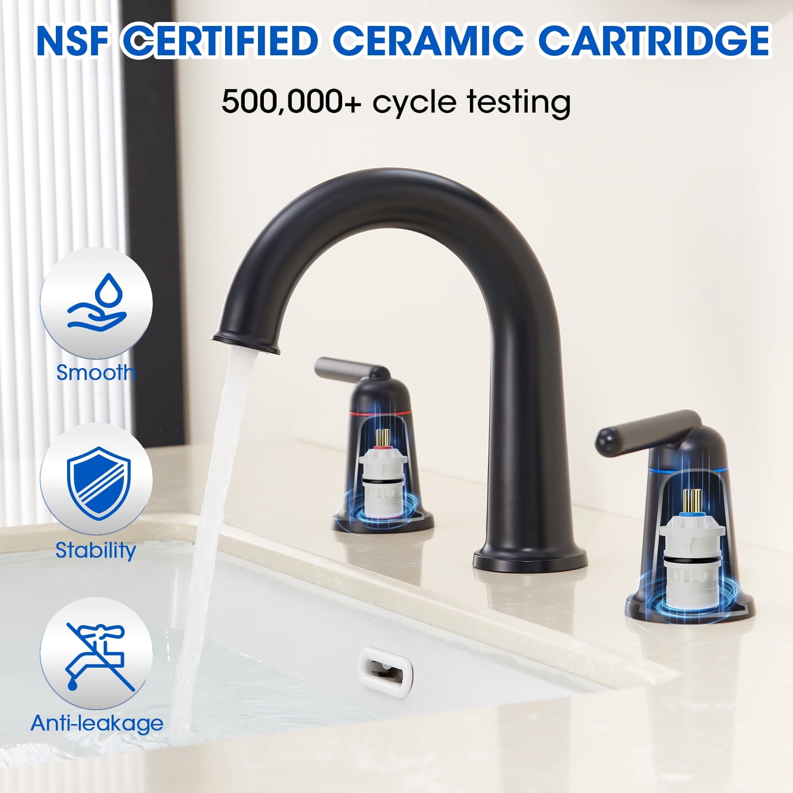Wowkk Sanitary Ware Brass Bathroom Sink Faucet 2 Handles Widespread Bathroom Faucet 3 Hole, Pop-Up Drain and cUPC Supply Lines Included, Basin Faucets for Vanity Rv Restroom, Matte Black