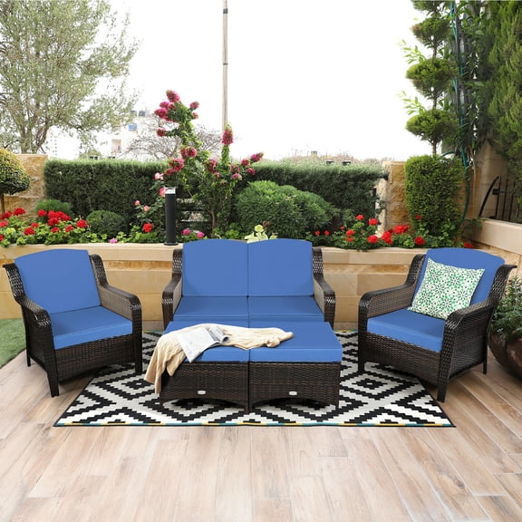 Costway  5PCS Patio Rattan Furniture Set Loveseat Sofa Ottoman Navy Cushion