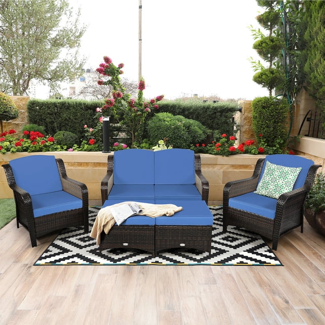 Costway 5PCS Patio Rattan Furniture Set Loveseat Sofa Ottoman Navy Cushion