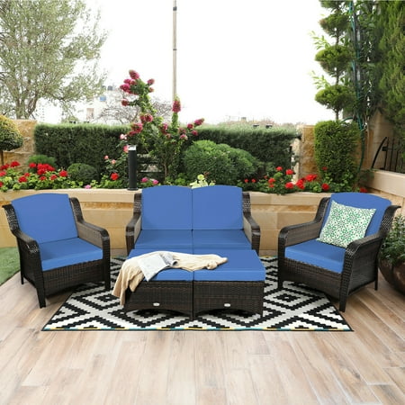 Costway 5PCS Patio Rattan Furniture Set Loveseat Sofa Ottoman Navy