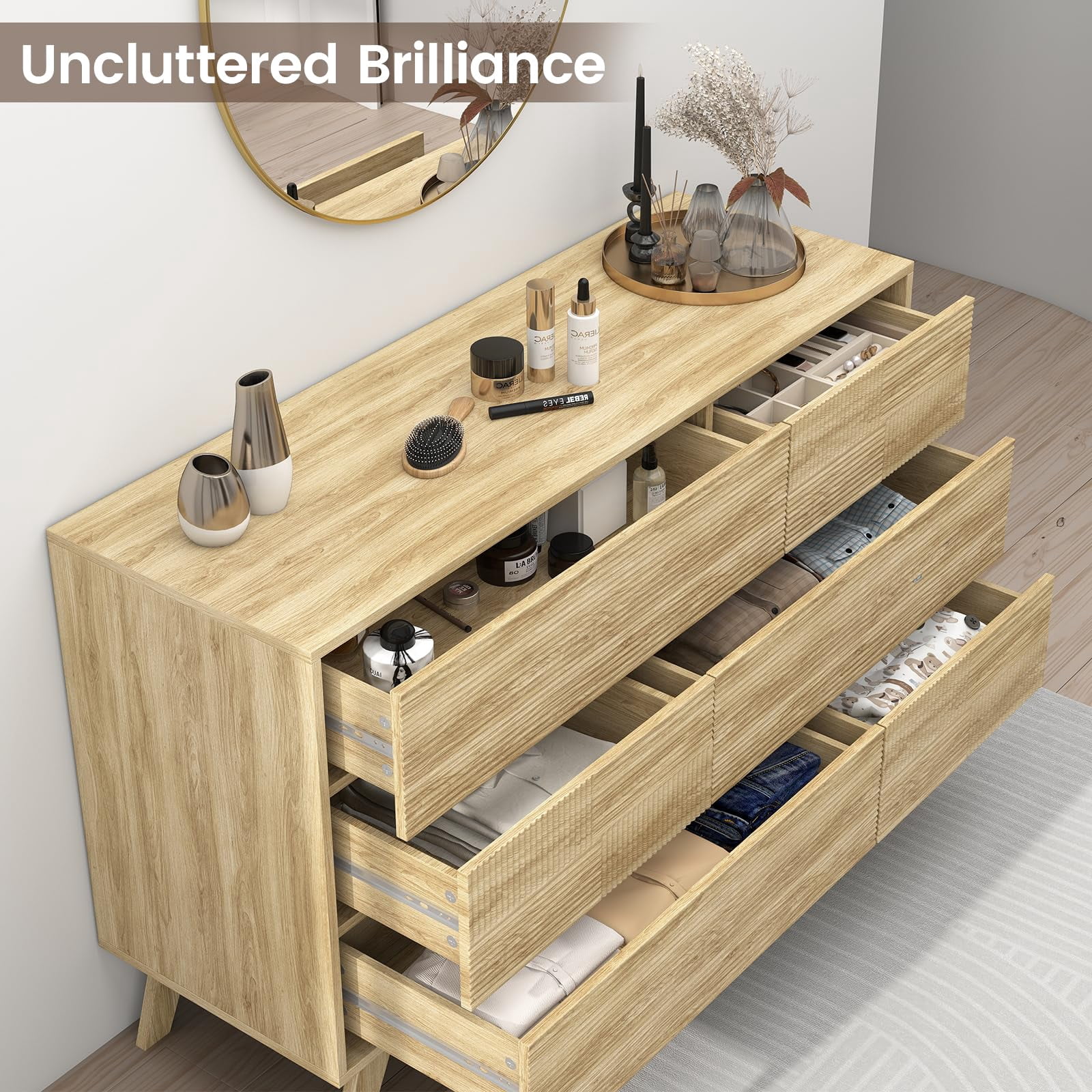 Danpinera Home 6-Drawer Dresser for Bedroom, 47” Modern Handleless Chest of Drawers, Fluted Wooden Storage Cabinet & TV Stand for Closet, Hallway, or Living Room, Natural Oak