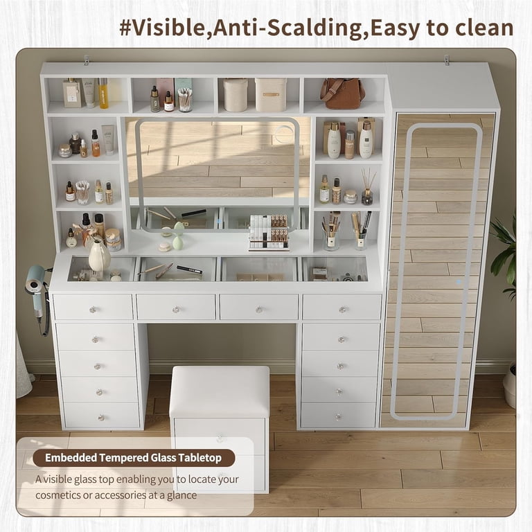 Vanity Desk Full Length Mirror & LED Mirror with Power Outlet, Makeup Vanity 14 Drawers & 10 Shelves, Hidden Storage Capacity, Dimmable & 3 Color