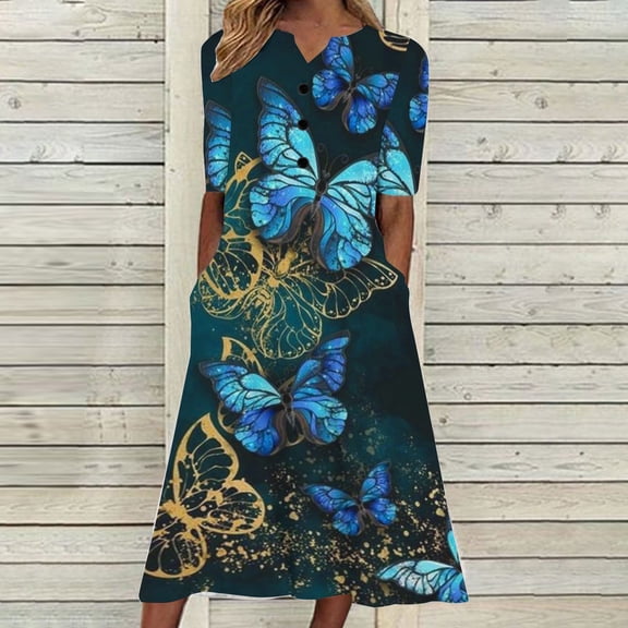 Women Fashion Summer Casual Short Sleeve V-Neck Printing Dress Loose Dress