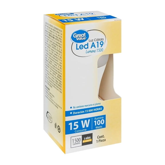 Foco LED Great Value Tipo A19 Luz Cálida 15W