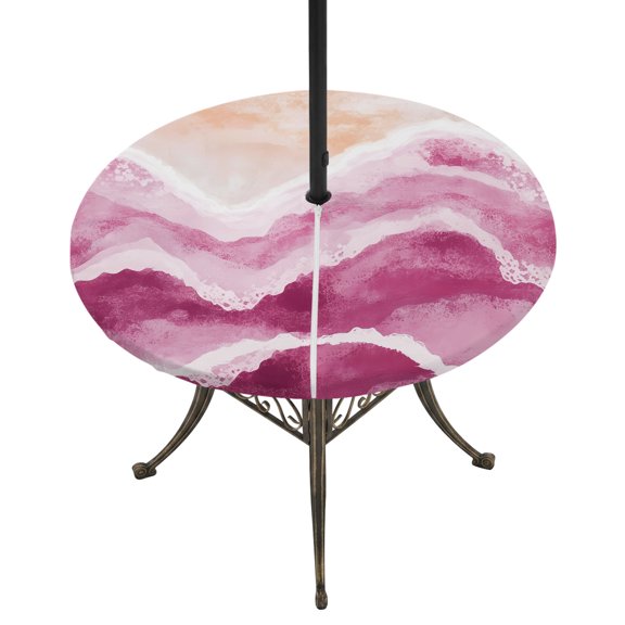 Pink Waves Coastal Round Outdoor Tablecloth with Umbrella Hole Zipper, Pink Ombre Summer Beach Oceans Elastic Fitted Table Cover, Waterproof Table Cloth for Patio Picnic Party Fits 36"-44"