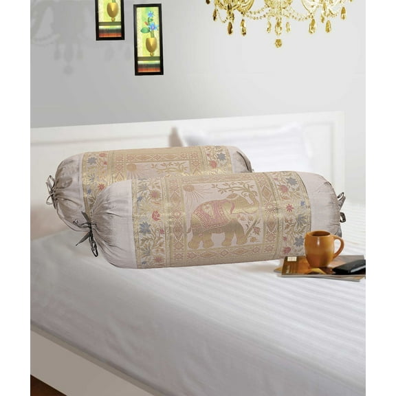 Stylo Culture Ethnic Polydupion Cylindrical Tube Pillow Bolster Pillow Covers Grey Jacquard Brocade Border Elephant Large Couch Round Cylinder Cushion Covers (Set of 2) | 30x15 Inches (76x38 cm)