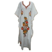 Mogul Women's Bohemian Caftan Dress White Kashmiri Embroidered Kaftan Resort Wear Dresses