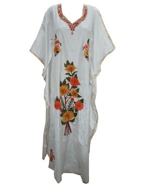 Mogul Women's Bohemian Caftan Dress White Kashmiri Embroidered Kaftan Resort Wear Dresses