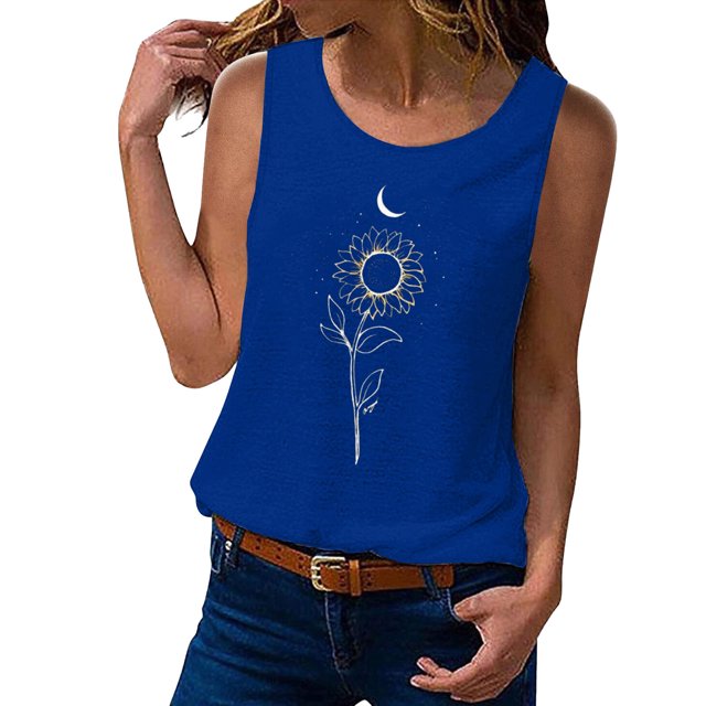 Gibobby Camiseta sin mangas de verano para mujer, camiseta sin mangas con gráfico de flores , camiseta informal para vacaciones(Azul,M)