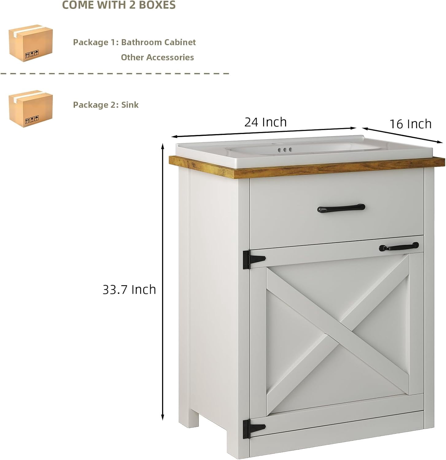 DreamCurship Farmhouse Bathroom Vanity with Sink, Freestanding Sliding Barn Door Drawer, Ceramic Sink, 24 Inch, White