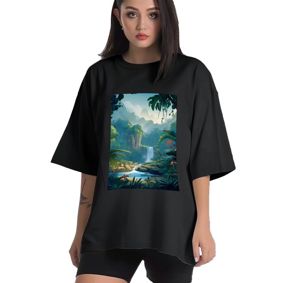 Plus Size Shirt for Women Black Tops for Women Short Sleeves Shirt for Women Jungle Landscape T Shirt Crewneck Shirt for Women XS